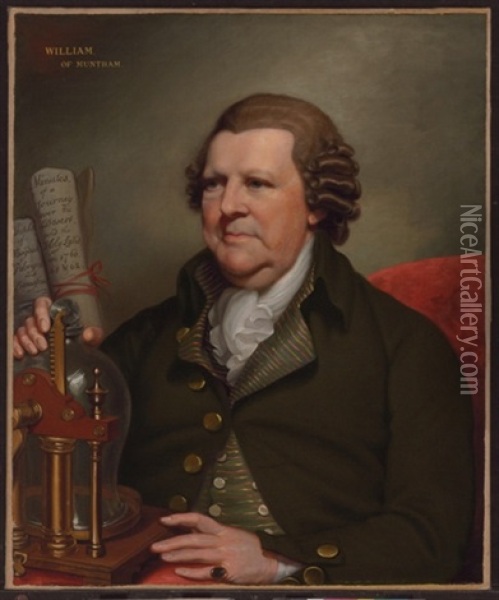 Portrait Of Sir William Franklin Of Muntham Court, Sussex (1720-1805), Seated Half-length, His Hand Resting On A Pressure Pump, With Two Inscribed Scrolls Behind Oil Painting - Mather Brown