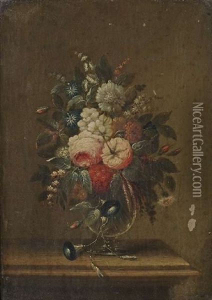Stilleben Mit Bunten Sommerblumen In Bauchiger Glasvase Auf Einem Tisch (+ Another, Similar; Pair) Oil Painting - Adam Johann Schlesinger