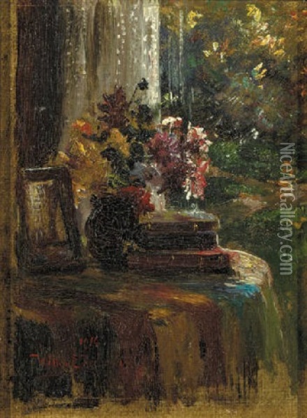 A Still Life Of A Mixed Bouquet And Books On A Table Oil Painting - Willem Elisa Roelofs