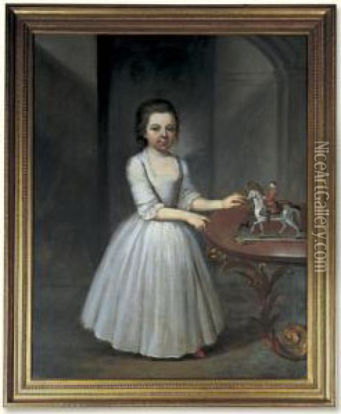 Portrait Of A Young Girl, 
Wearing A Grey Satin Dress, By An Elaborate Roccoco Table With Toy 
Soldiers Oil Painting - Thomas Frye