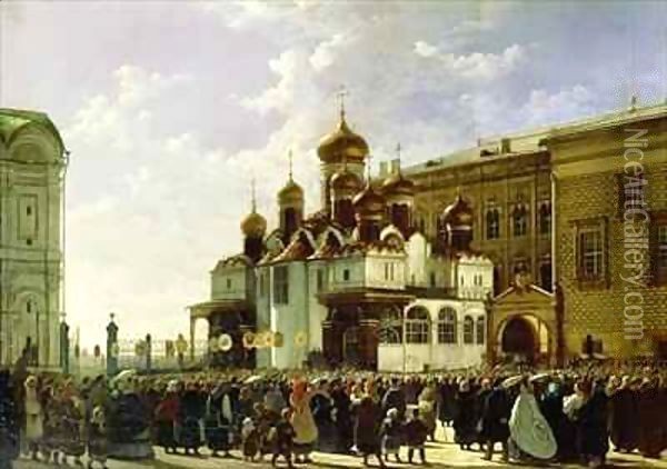 Easter procession at the Maria Annunciation Cathedral in Moscow Oil Painting - Karl-Fridrikh Petrovich Bodri