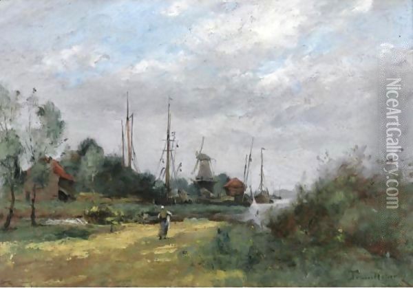 A Walk Near The Windmills Oil Painting - Paul Trouillebert