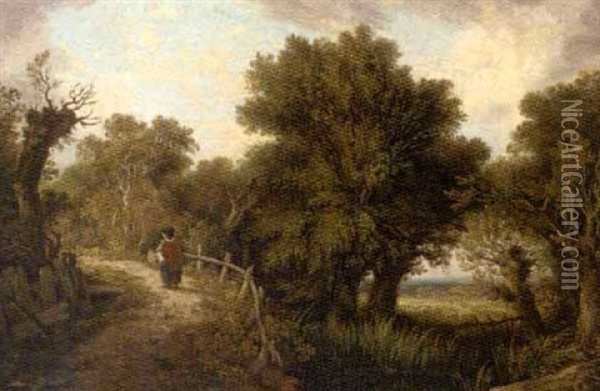 Figure By A Pond In A Wooded Landscape Oil Painting - James (Sillet) Sillett