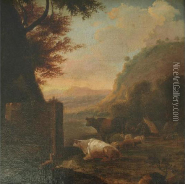 Pastoral Scene With Cattle And Sheep Oil Painting - Gaspard Dughet Poussin