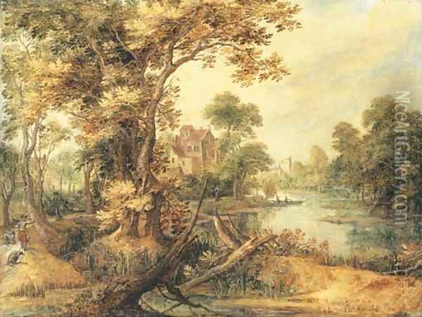 A wooded river landscape with a huntsman on a track, a village beyond Oil Painting - Gillis Claesz. De Hondecoeter