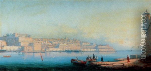 A View Of The Grand Harbor, Valetta, Malta Oil Painting - Girolamo Gianni