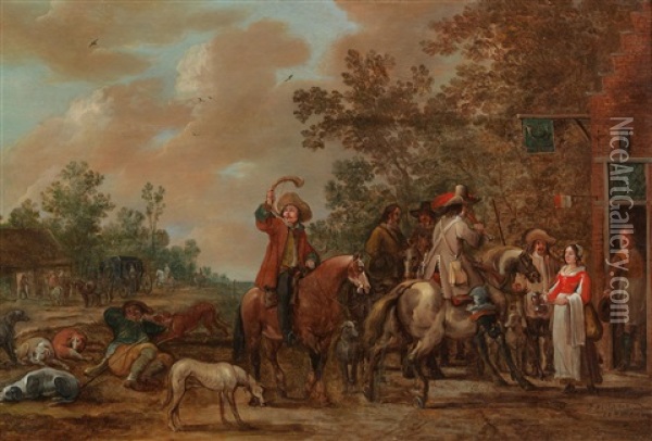 Horsemen Resting Outside The Post Horn Inn Oil Painting - Pieter Meulener