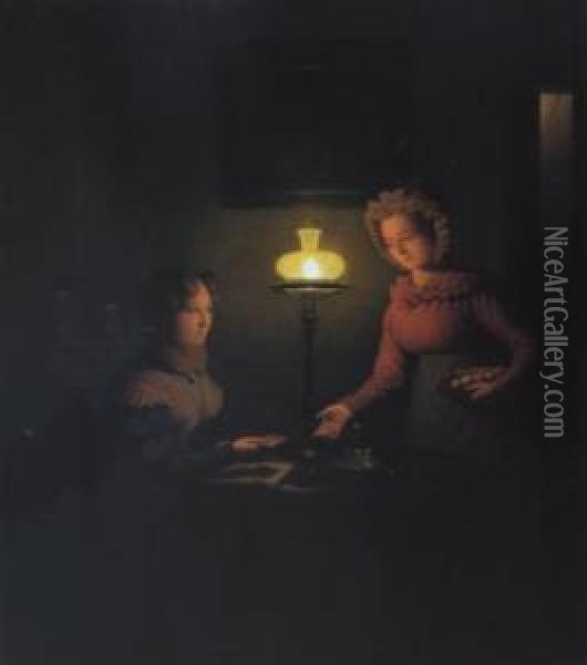 Zwei Frauen Am Tisch Oil Painting - Adriaan Meulemans