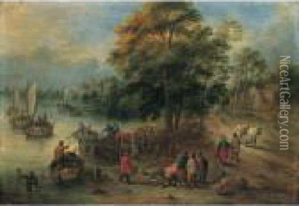 A River Landscape With Fishermen Unloading And Selling Their Catch Oil Painting - Theobald Michau