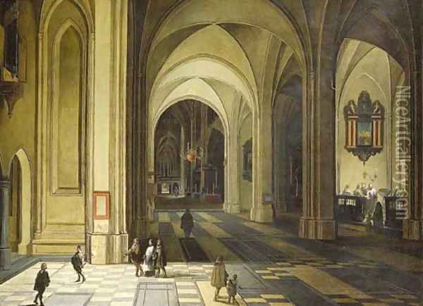 The interior of a church at night, with a baptism in a side chapel Oil Painting - Peeter Neefs Ii