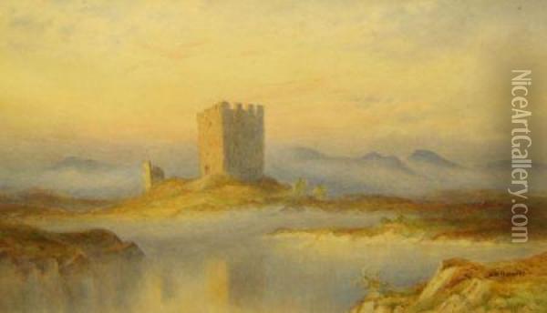 A Ruined Castle In Misty Highland Oil Painting - William R. Hoyles