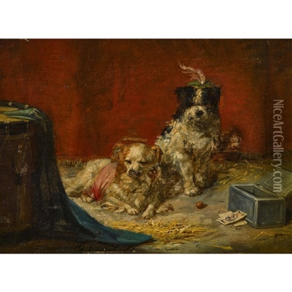 Zwei Schosshundchen Oil Painting - Charles van den Eycken