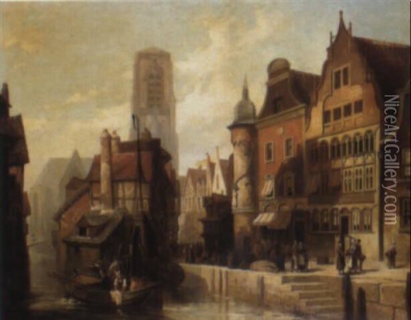 A Dutch Town With Townsfolk By A Canal Oil Painting - Cornelis Christiaan Dommelshuizen