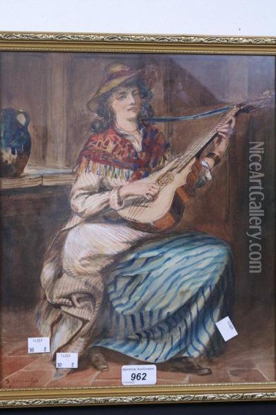 Romany Ladies, One Playing The Guitar, The Other, Seated, With A Basket, Knitting Oil Painting - Davidson Knowles