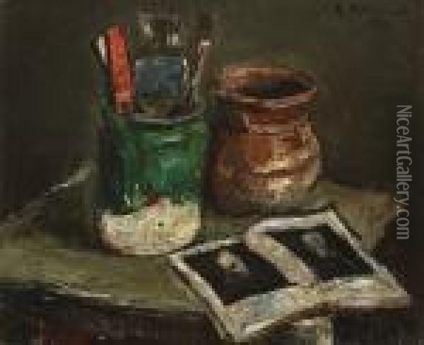 Still Life With Pot, Brushes And Artbook Oil Painting - Petrascu Gheorghe