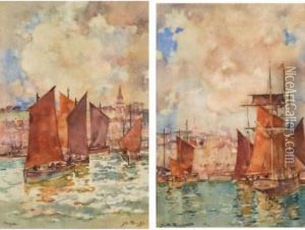Harbour; Leaving Harbour, A Pair Oil Painting - James Watterston Herald