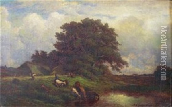 Landscape With Figures And Pond Oil Painting - Leonce Chabry