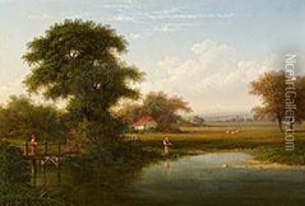 Weite Landschaft Mit Gebaude Und Schafherde Oil Painting - Walter Williams
