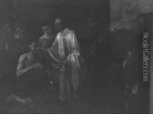 St. Romuald Healing The Blind Man Oil Painting - Gerard Douffet