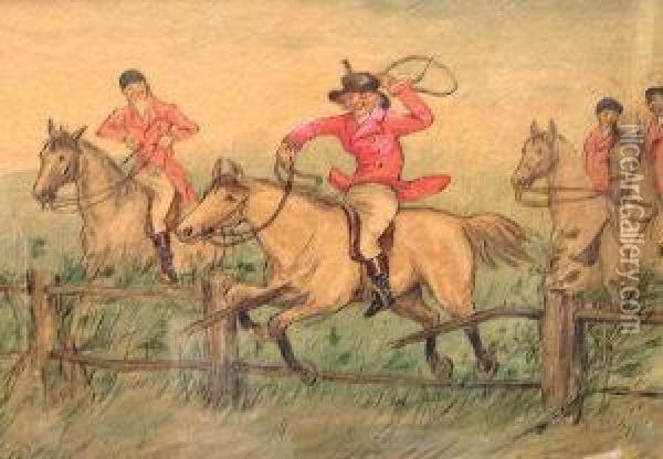 Follower Of Randolph Caldecott, 19th Century- Cartoon Of Riders Jumping A Fence Oil Painting - Randolph Caldecott