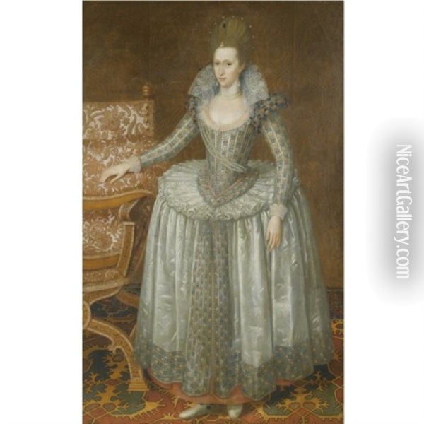 Portrait Of Anne Of Denmark, Wearing A White Farthingale Dress And Pearl Sash Oil Painting - John Decritz the Elder