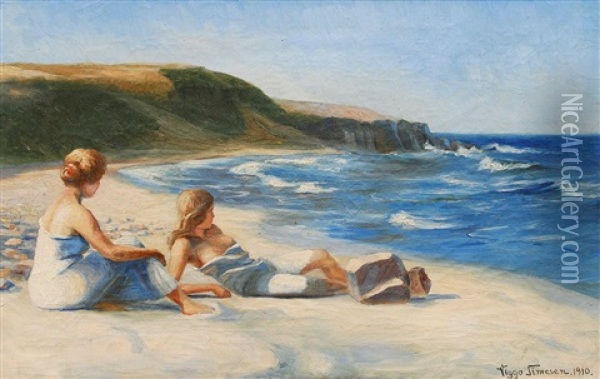 Madchen Am Strand Von Bornholm Oil Painting - Viggo Simesen