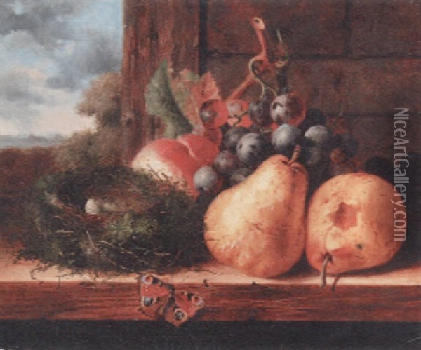 A Bird's Nest With Two Eggs, A Peacock Butterfly And Autumn Fruits On A Wooden Ledge Oil Painting - Edward Ladell