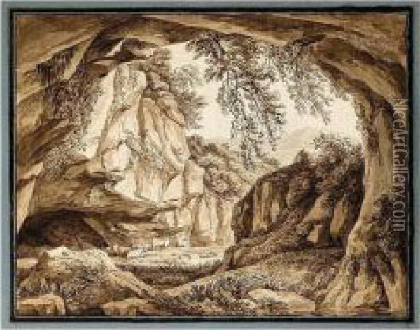 A View Of The Zingheri Cave At Vicovaro Oil Painting - Rene-Louis-Maurice Beguyer De Chancourtois