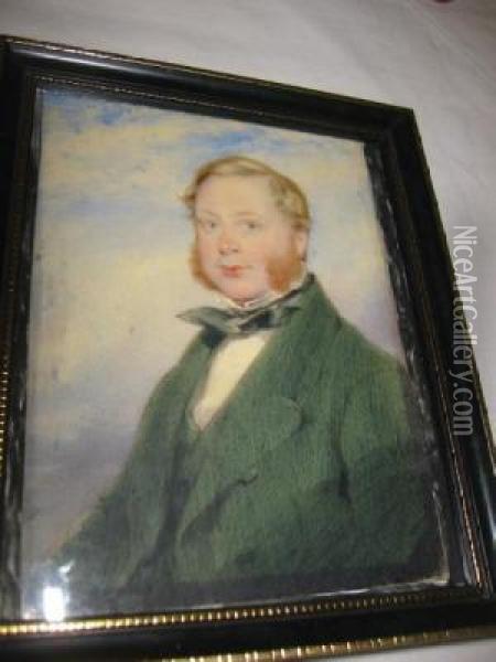 A Gentleman Wearing Green Coat, Waistcoat Andtied Stock Oil Painting - James Ii Pelham