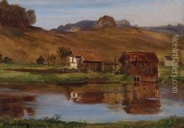 Fischerhutten An Einem
 Fluss. Oil Painting - Albert Lang