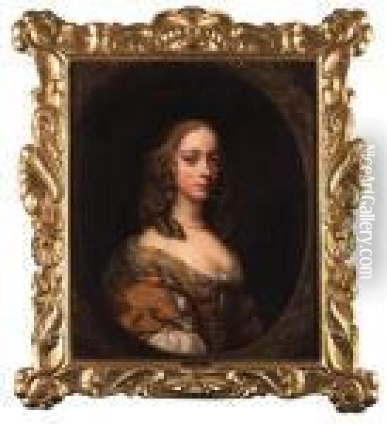 Portrait Of A Lady, Half-length, In An Ochre Dress With A Pearlnecklace, Feigned Oval Oil Painting - Sir Peter Lely