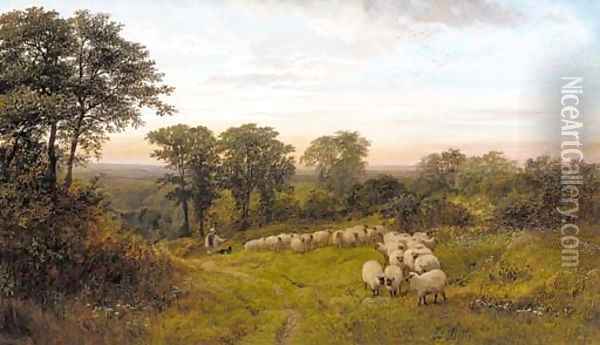 A shepherd and sheep in a wooded glade Oil Painting - George Shalders