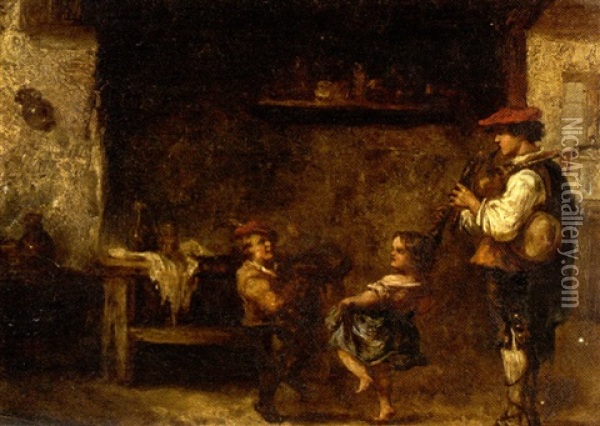 Cavalier Et Enfants Sur Un Balcon (+ Musicien Et Enfants Dans Un Interieur; Pair, 1 Sgnd) Oil Painting - Martin Domicent