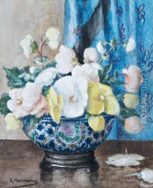 Begonias (blue Chinese Draperies) Oil Painting - Kathleen Marescaux