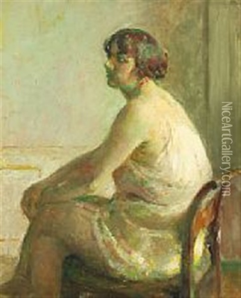 Portrait Of A Woman Sitting On A Chair Oil Painting - Julius Paulsen
