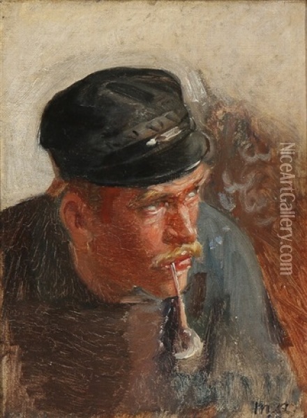 A Young Pipesmoking Fisherman Oil Painting - Michael Peter Ancher