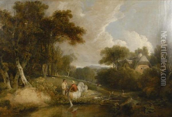 Figures In A Landscape With Cottage Oil Painting - Richard Wilson