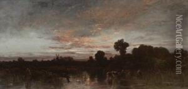 Uferlandschaft Mit Windmuhlen In
 Der Abenddammerung. Oil Painting - Joseph Wenglein