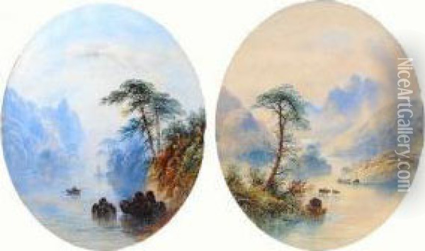 Loch Scenes With Boatman And Cattle Watering Oil Painting - Edwin Earp