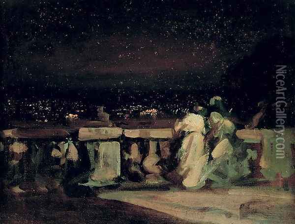 Watching the Fireworks, St. Cloud (on the Terrace) c.1893 Oil Painting - Charles Edward Conder