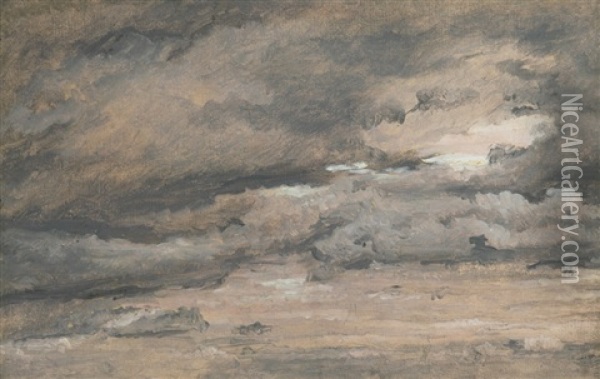 Luftstudie, Rodlig Aftenhimmel Med Tunge Sortgra Skyer - Air Study, Reddish Evening Sky With Heavy Clouds Oil Painting - Christen Kobke
