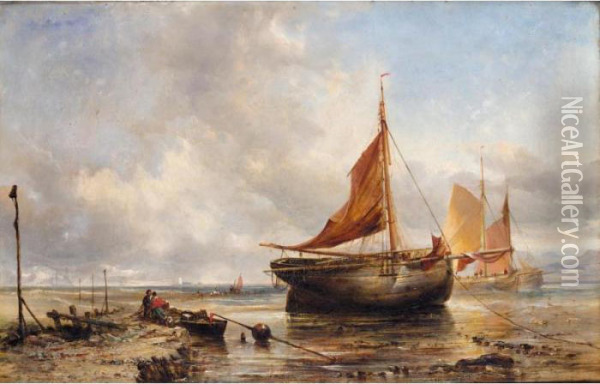 Ashore Near The Breakwater, Dollymount Strand, Dublin Oil Painting - Edwin Hayes