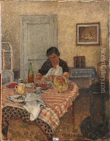 Femme Attablee Dans Un Interieur Oil Painting - Henri Louis-Ph. Leroux