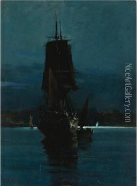 Ship By Night Oil Painting - Vassilios Chatzis