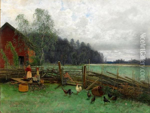 Barnen Vid Brunnen Oil Painting - Oscar Emil Torna