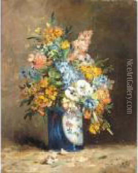 Still Life Of Summer Flowers In A Vase Oil Painting - Eugene Henri Cauchois