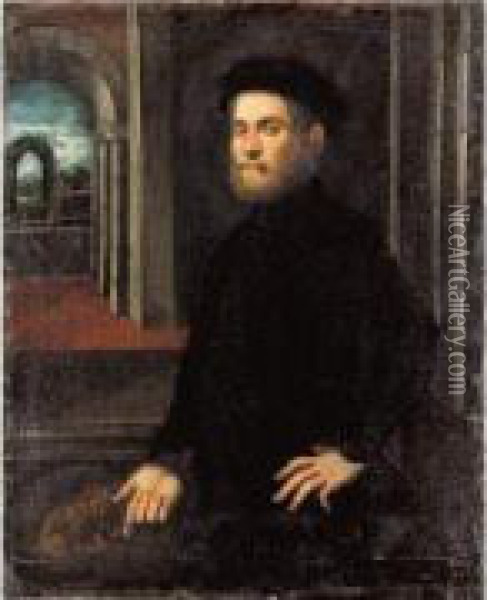 Portrait D'homme Devant Un Palais Oil Painting - Domenico Tintoretto