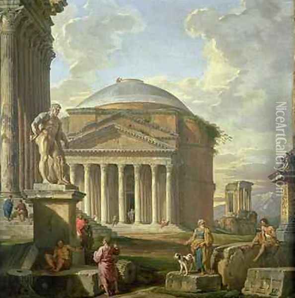 View of the Pantheon, the Farnese Hercules and other Roman Ruins Oil Painting - Giovanni Paolo Panini