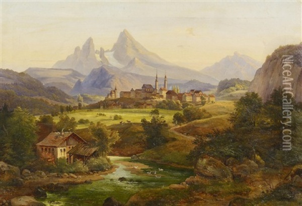 Blick Auf Berchtesgaden Mit Dem Watzmann Oil Painting - Ludwig (Louis) Friedrich Nitzschke