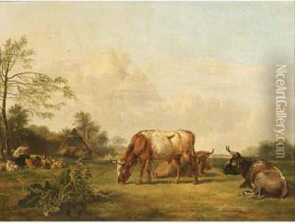 Grazing Cows In A Summer Landscape, A Shepherd And His Flock In The Background Oil Painting - Pieter Gerardus Van Os